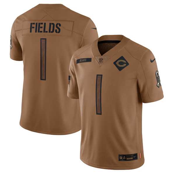 Mens Chicago Bears #1 Justin Fields 2023 Brown Salute To Service Limited Football Stitched Jersey Dyin